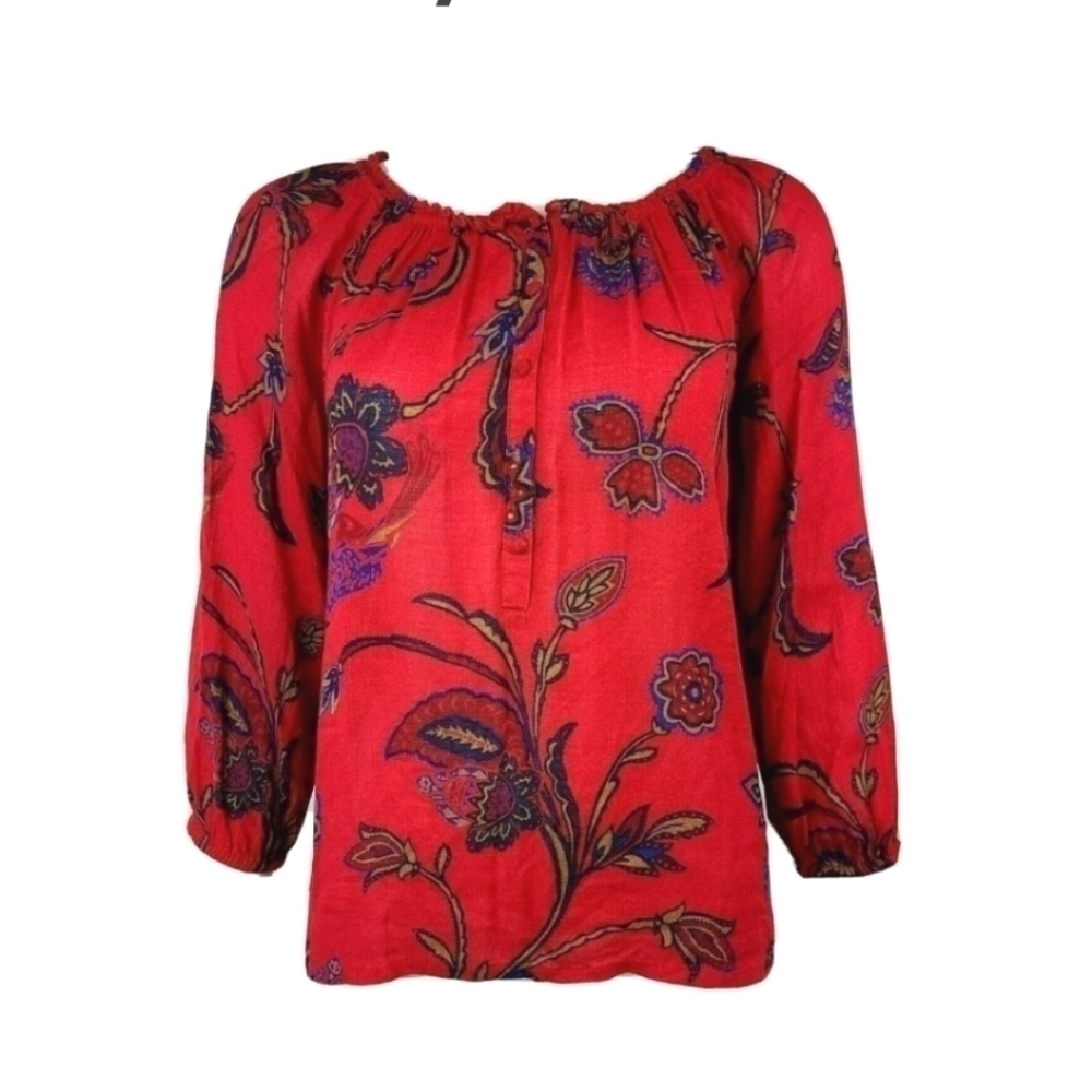 LUCKY BRAND Red Floral 3/4 Sleeve Blouse Womens